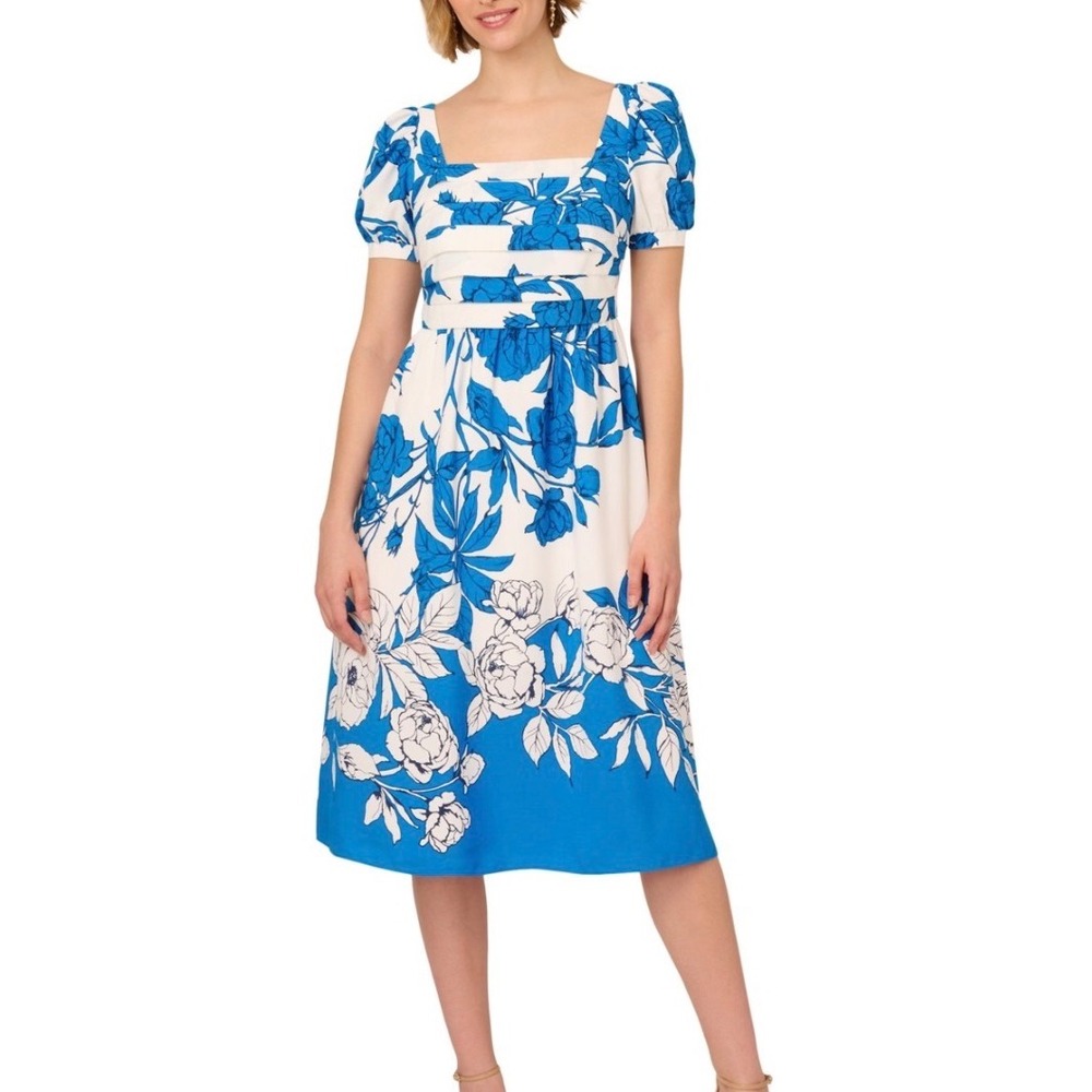 Adrianna Papell Floral Smocked Midi Dress Ivory Blue AP1D105859 Size 12 NWT